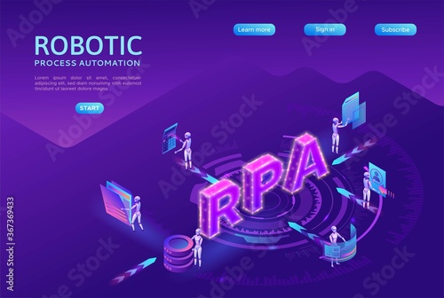 Robotic process automation landing page template with robots working with data, arms moving files, extracting information from websites, digital technology service, 3d isometric vector illustration