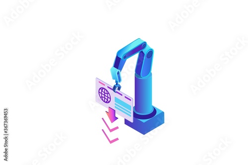 Robotic process automation lwith robotic arm scraping data from website, login to account, extracting information from internet, digital technology service, 3d isometric vector illustration