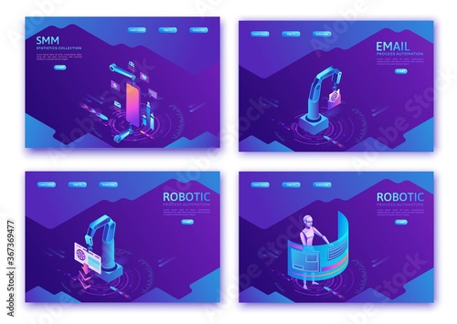 Robotic process automation landing page template set, robots working with data, arms moving files, extracting information from website, digital technology service, 3d isometric vector illustration