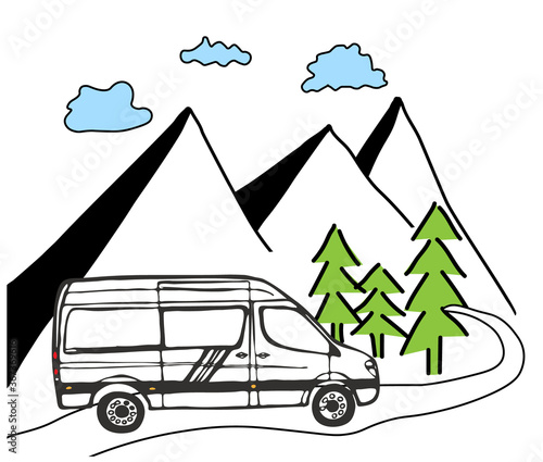 White van with forest and mountains in the background. Living van life, camping in the nature, travelling. Vector Illustration. 
