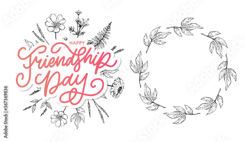Vector illustration of hand drawn happy friendship day felicitation in fashion style with lettering text sign and color triangle for grunge effect isolated on white background