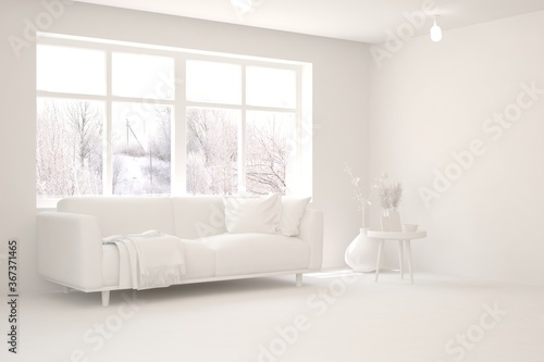 White minimalist living room with sofa. Scandinavian interior design. 3D illustration