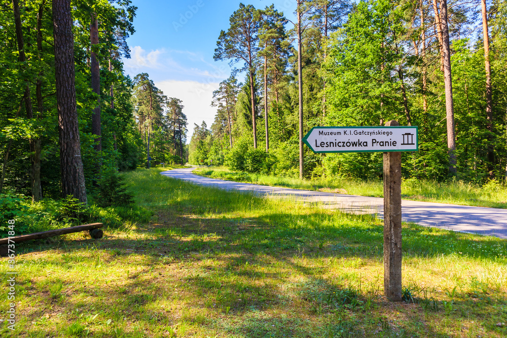 Sign along forest road to forester house in Pranie village near lake Nidzkie, Mazury Lake District, Poland Sign along forest road to forester house in Pranie village near lake Nidzkie, Mazury Lake District, Poland