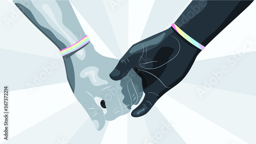 Gay couple holds hands together. Gay pride. Love parade.  