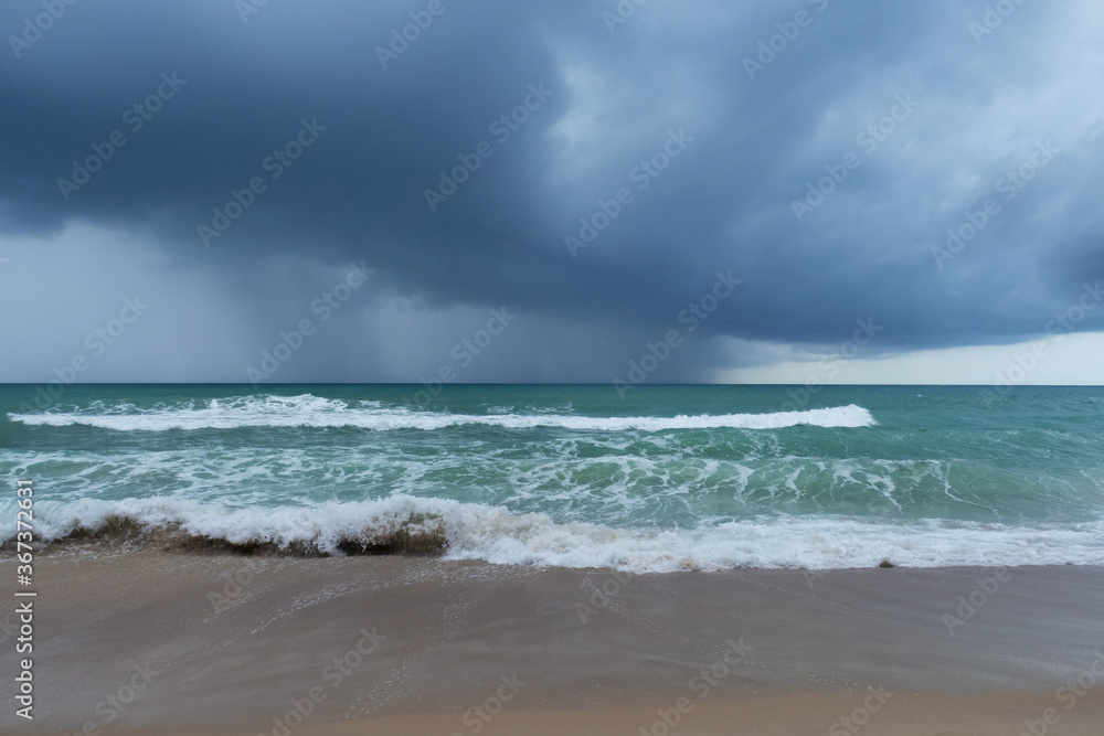 Rainy weather in the ocean. Storm. Horizontal orientation.