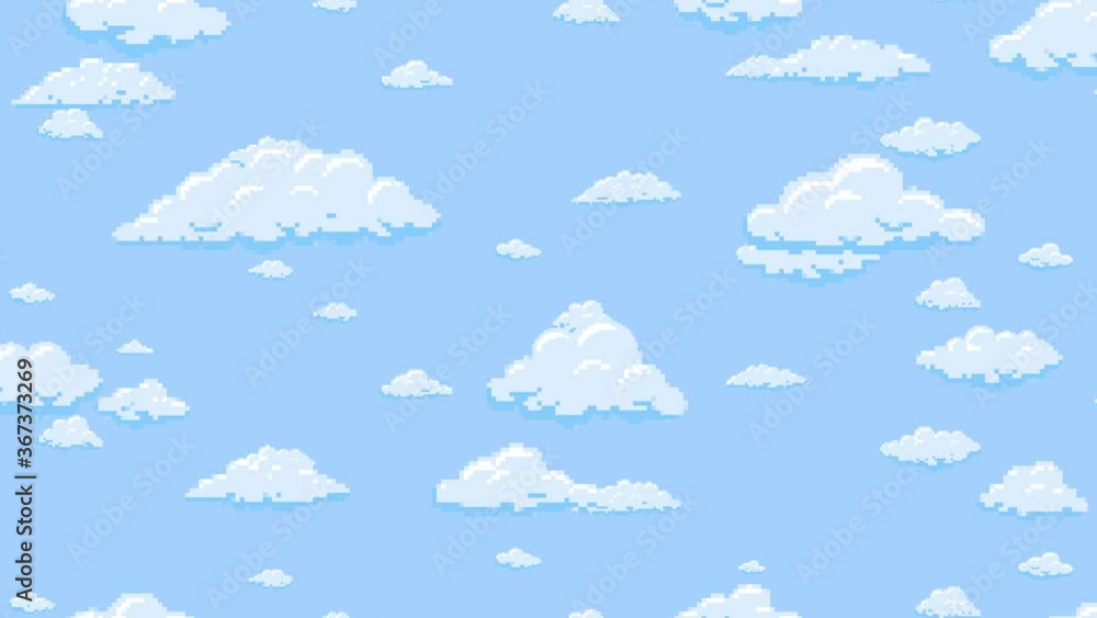Cartoon clouds floating vertically on the blue sky background, pixelated. Seamless looping animation. Cartoon clouds floating vertically on the blue sky background, pixelated. Seamless looping animation.