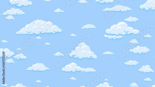 Cartoon clouds floating vertically on the blue sky background, pixelated. Seamless looping animation.