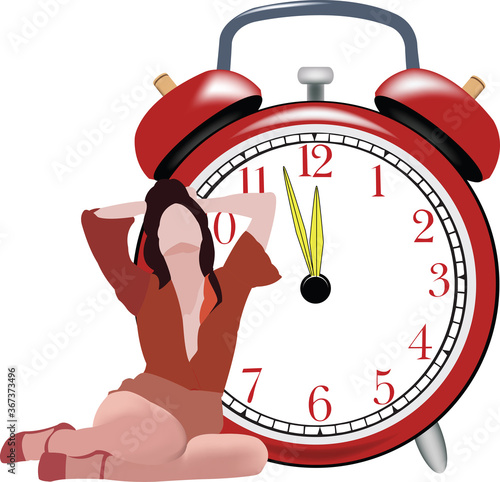 young woman dressed in red sitting in front of an alarm clock