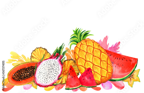 Exotic mixed fruits and splashes watercolor border. Hand drawn colorful design. Natural organic vegetarian food, harvest. Kitchen, menu, reciep card, background, poster, banner, template, advertisment photo