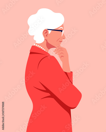 Portrait of a pensive woman in a profile. An elderly employe is meditating. Side view. Problems in business. Vector flat illustration