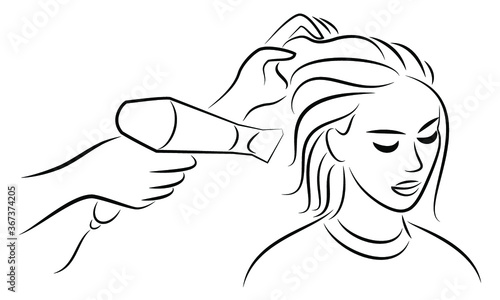 The main profile of a lovely lady. Girl in a beauty salon. Hair is dried with a hairdryer, hair is done. Vector illustration.