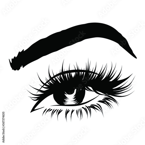Hand-drawn woman's luxurious eye with perfectly shaped eyebrows and full lashes. Idea for business visit card, typography vector.Perfect salon look.