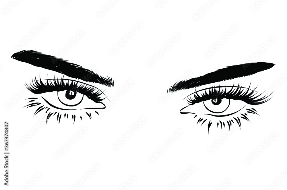 Hand-drawn woman's luxurious eye with perfectly shaped eyebrows and full lashes. Idea for business visit card, typography vector.Perfect salon look. Hand-drawn woman's luxurious eye with perfectly shaped eyebrows and full lashes. Idea for business visit card, typography vector.Perfect salon look.