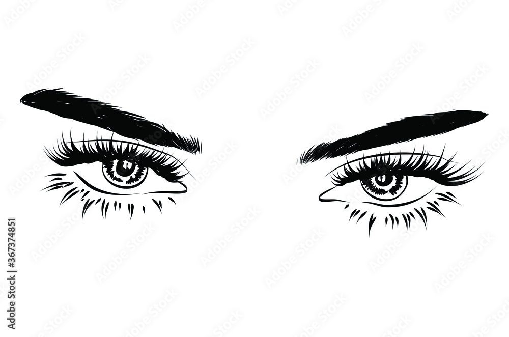 Hand-drawn woman's luxurious eye with perfectly shaped eyebrows and full lashes. Idea for business visit card, typography vector.Perfect salon look Hand-drawn woman's luxurious eye with perfectly shaped eyebrows and full lashes. Idea for business visit card, typography vector.Perfect salon look