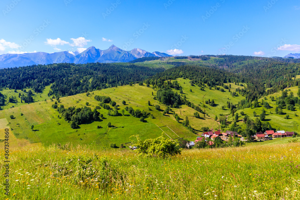 View of village in the valley of Tatra Mountains on beautiful summer sunny day, Lapszanka Pass to Osturnia route, Poland