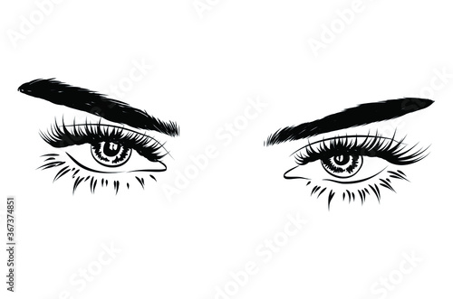 Hand-drawn woman's luxurious eye with perfectly shaped eyebrows and full lashes. Idea for business visit card, typography vector.Perfect salon look