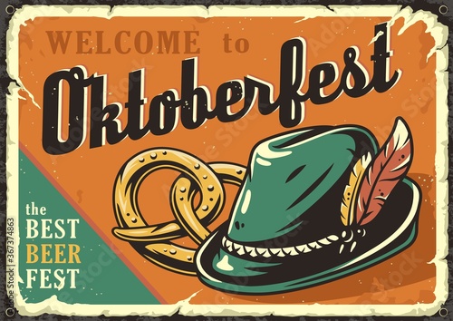 Retro poster with bavarian hat and pretzels