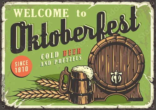 Retro poster with beer mug, barrel and barley