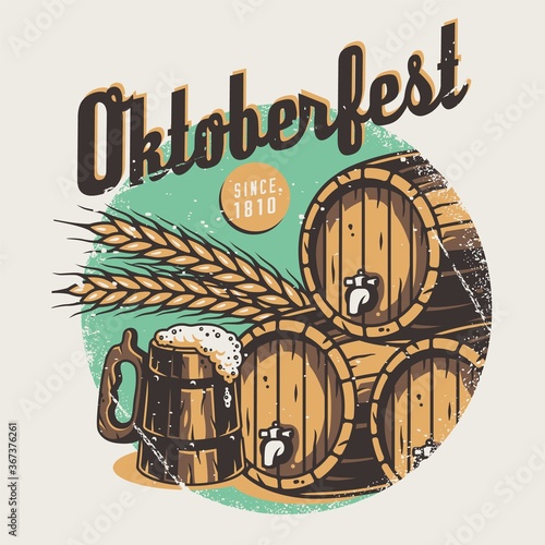 T-shirt print with beer mug, barrel and barley