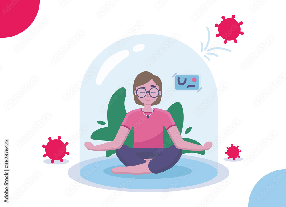 The girl sits under a dome in an apartment under full protection and meditates while the virus knocks on her. Stay home. Greenery in the house. Coronavirus protection concept. Webbaner. EPS 10. The girl sits under a dome in an apartment under full protection and meditates while the virus knocks on her. Stay home. Greenery in the house. Coronavirus protection concept. Webbaner. EPS 10.
