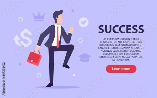 Business success concept. A man in a business suit and a briefcase rejoices at his success in promoting his business. Web banner. Vector illustration in modern flat style. Business management. EPS 10.