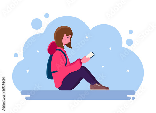 A beautiful girl is sitting in the clouds and reading a book. Thoughts that take to the sky. The concept of reading anywhere in the world. Vector flat illustration. EPS 10.