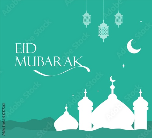 Eid Mubarak greeting card design with green landscape theme. Islamic religious holiday design for Ramadan and Eid al-Adha. Silhouette of a mosque building with lanterns and crescent moon.