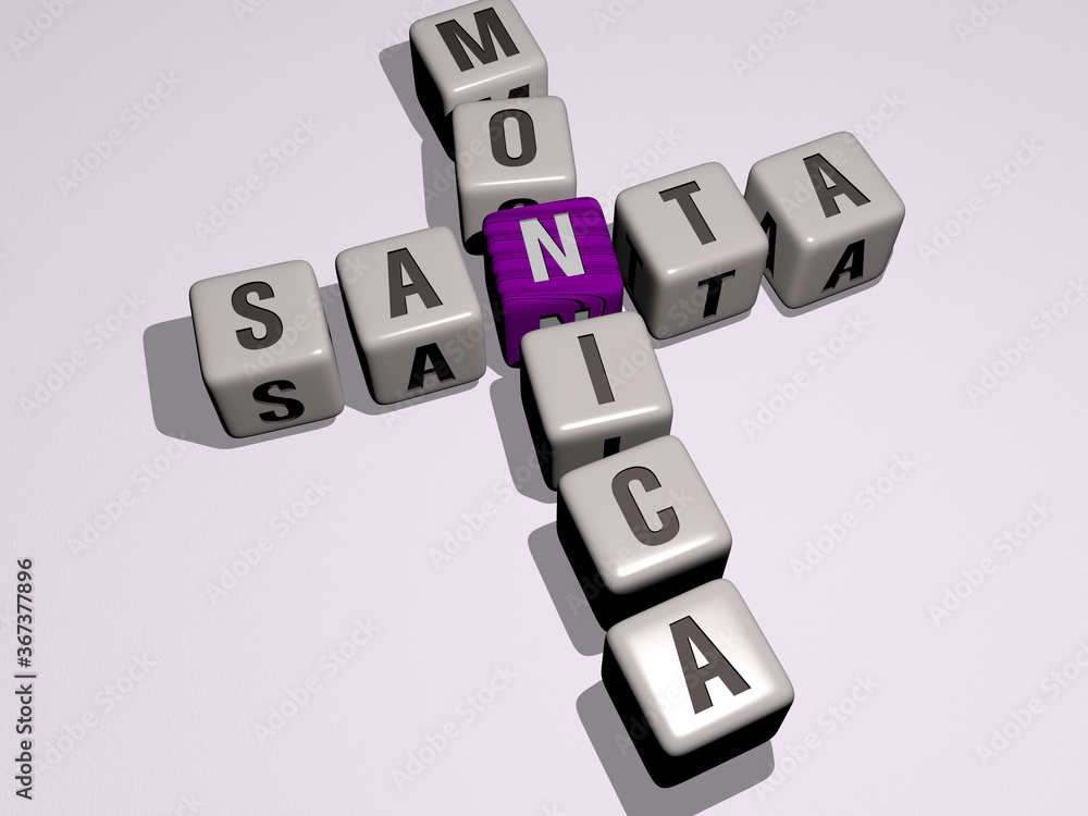 crosswords of SANTA MONICA arranged by cubic letters on a mirror floor, concept meaning and presentation. christmas and claus crosswords of SANTA MONICA arranged by cubic letters on a mirror floor, concept meaning and presentation. christmas and claus