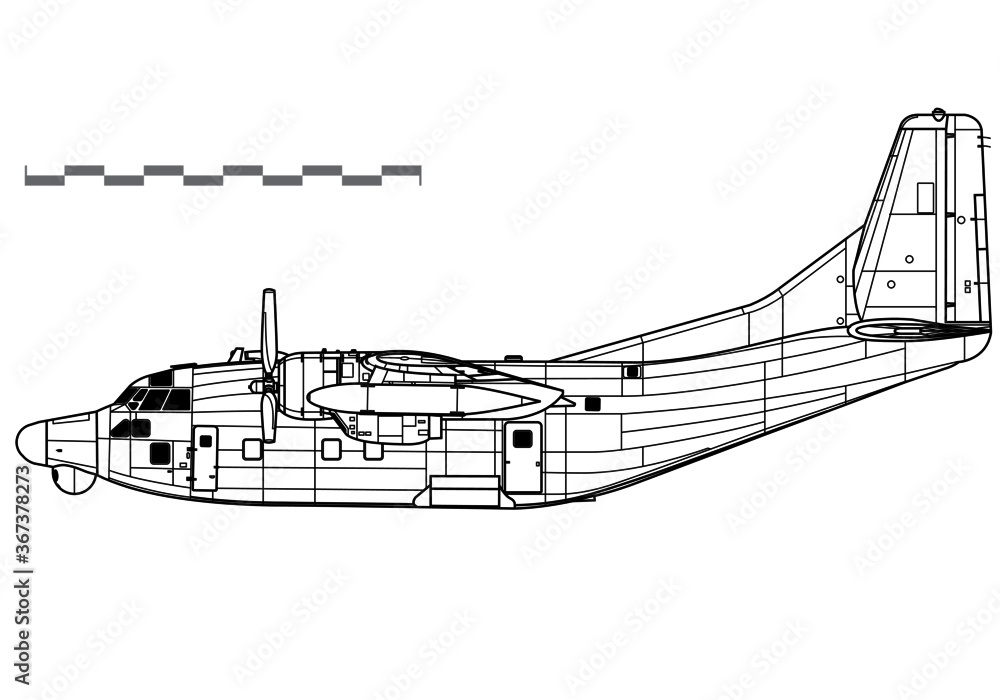 Fairchild AC-123K, NC-123K. Vector drawing of special operation aircraft. Side view. Image for illustration and infographics.