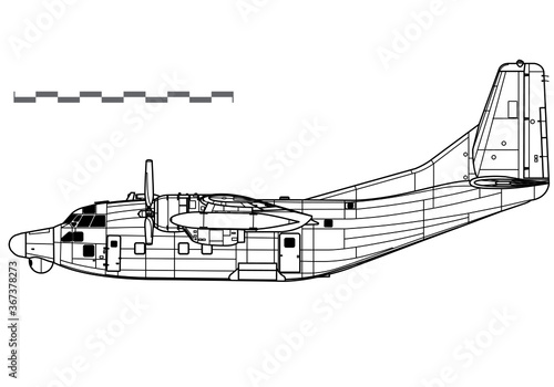 Fairchild AC-123K, NC-123K. Vector drawing of special operation aircraft. Side view. Image for illustration and infographics.