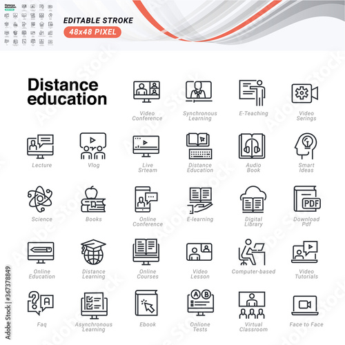Thin line icons set of distance education. Premium quality outline symbols, editable stroke. Pixel perfect. Vector illustrations for website and app development, business presentation, marketing.