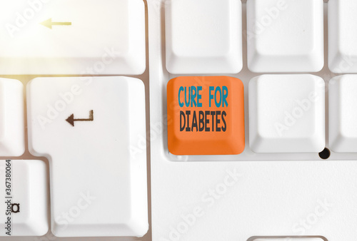 Text sign showing Cure For Diabetes. Business photo showcasing looking for medication through insulindependent Different colored keyboard key with accessories arranged on empty copy space photo