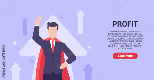 Business profit modern concept. A man in a business suit and a red cloak strives to earn as much money as possible. Web banner. Vector illustration in modern flat style. Upward movement. EPS 10.