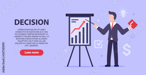 The modern concept of decision business problems. A man in a business suit looking for the best way to make business more efficient. Web banner. Vector illustration in modern flat style. EPS 10.