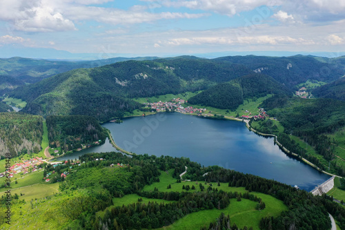 Aerial view of the Palcmanska masa water reservoir in the village of Dedinky