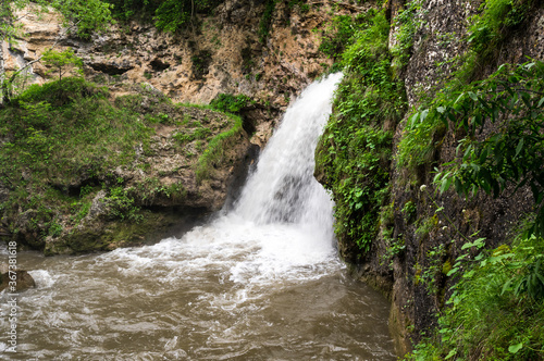 View of waterfall in Caucasus mountains