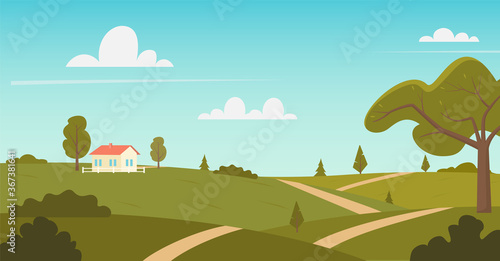 Rural landscape with sunny summer day in the village. Beautiful summer fields landscape with green hills  bright color blue sky and house. Country background. Flat vector illustration.