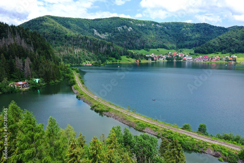 Aerial view of the Palcmanska masa water reservoir in the village of Dedinky