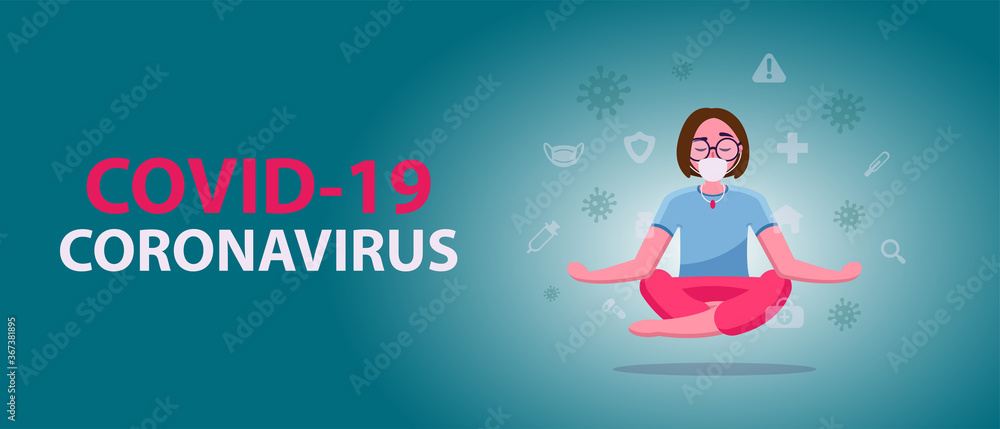 Beautiful vector girl in a mask sits in the lotus position and meditates around the virus and protects herself. Coronavirus. Covid-19. Can be used on websites and web bans. Pandemic. A dangerous virus