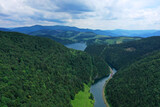 Aerial view of the Palcmanska masa water reservoir in the village of Dedinky