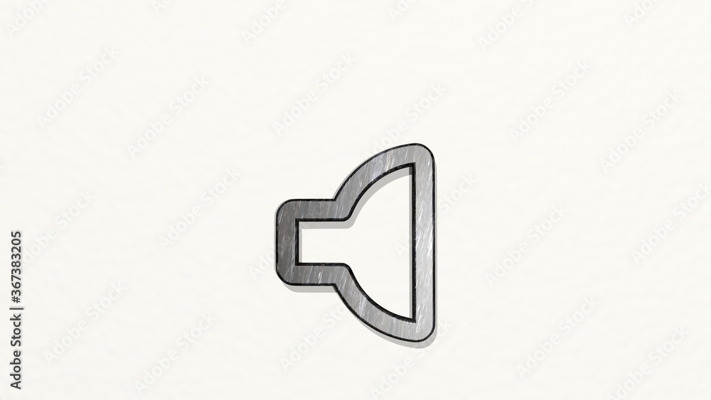 VOLUME CONTROL LOW made by 3D illustration of a shiny metallic sculpture on a wall with light background. icon and design VOLUME CONTROL LOW made by 3D illustration of a shiny metallic sculpture on a wall with light background. icon and design