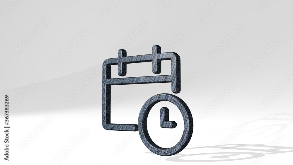 CALENDAR CLOCK made by 3D illustration of a shiny metallic sculpture casting shadow on light background. design and business CALENDAR CLOCK made by 3D illustration of a shiny metallic sculpture casting shadow on light background. design and business
