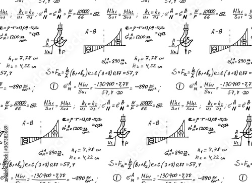 Structural mechanics diagrams. Physics mathematical formula equation, doodle handwriting icon in whiteboard with hand drawn model, create by vector. Retro seamless pattern.