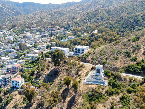 Aerial view of Catalina Chimes Tower, Spanish-style tower built in 1925. Avalon Bay in Santa Catalina Island, tourist attraction in Southern California, USA photo