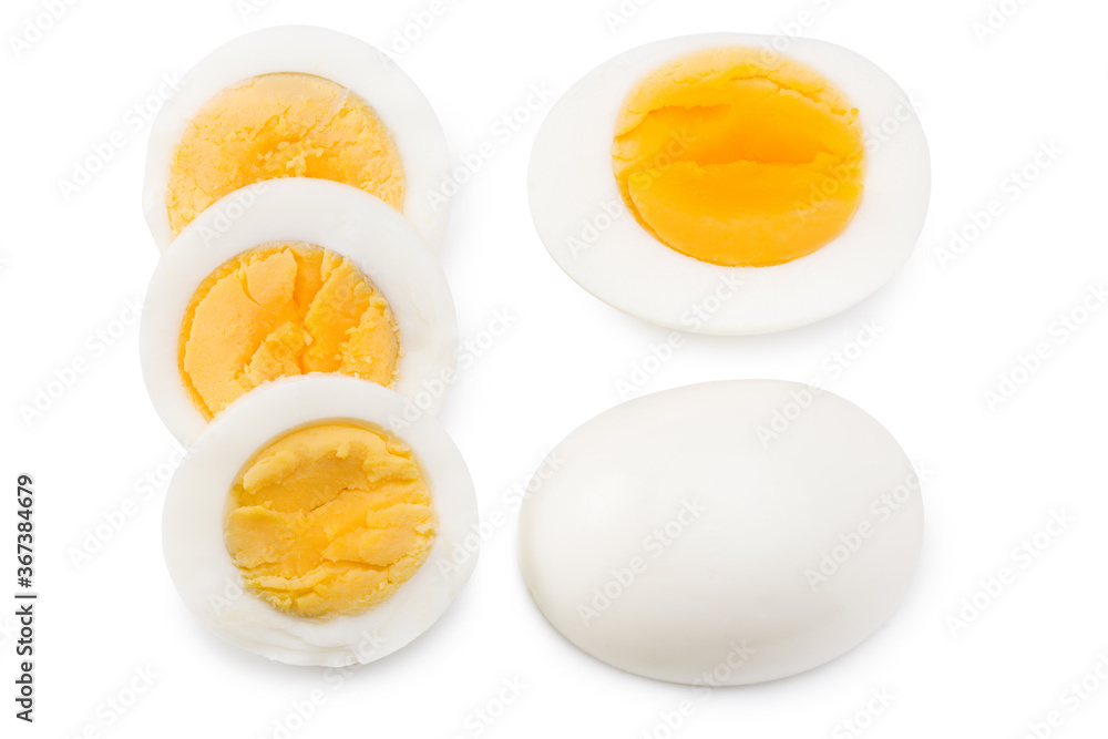 Single whole boiled egg with halved egg isolated on a white background. Top view Single whole boiled egg with halved egg isolated on a white background. Top view