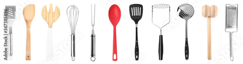 Fotografie Set with different cooking utensils on white background, banner design