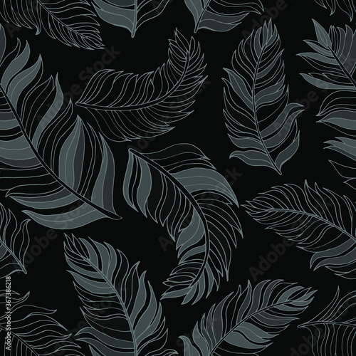 seamless pattern with grey hand-drawn feathers on a black background
