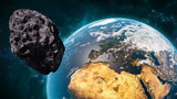Giant asteroid cruising near Planet Earth scenery or spacescape. Outer space landscape and astronomy 3D rendering illustration. Earth textures provided by NASA.