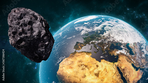Giant asteroid cruising near Planet Earth scenery or spacescape. Outer space landscape and astronomy 3D rendering illustration. Earth textures provided by NASA. photo