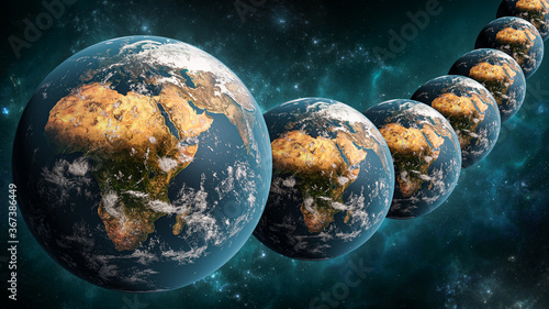Alignment or array of many Earth planet in outer space scenery 3D rendering illustration. Multiverse or parallel universes concept. Earth textures provided by NASA.